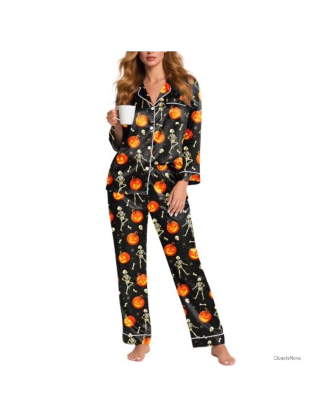 Silky Satin Pajama Set Long Sleeve Button Down Notch Collar Loungewear 2 Piece